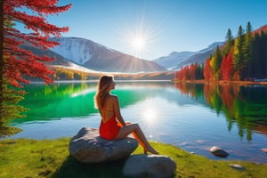 (((realistic photo))) (((8K))) red and green trees, radiant sun, green field with snowfall, crystal clear lake, a naked 18-year-old woman sitting on a rock, ambient lighting