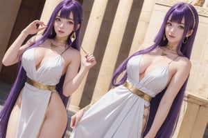 16-year-old woman with long shiny purple hair with bangs, with triangle Japanese features, big dark blue eyes, white Greek dress cinched at the waist, gold metal belt with ultra-realistic parthenon background 4k