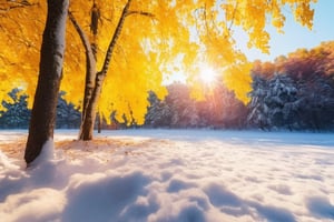 (((full length portrait))) (((masterpiece))) (((super realistic))) (((8K))) (((wide shot))) (((side angle))) ( ((maximum detail))) (((hyperrealistic))) snow field with yellow trees, bright sun, studio lighting, film lighting, vibrant colors, vivid colors, photographic film, Fujifilm XT3 captured by a Samyang 85mm F1 lens .4 Fe E, 80mm Sigma f/1.4, (((Regular Zoom)))