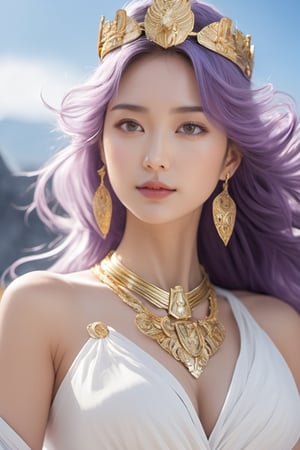 realistic, Saori Kido, also known as Athena, is a young woman of great elegance and beauty who arouses admiration around her. Her hair is long and a purple-blonde hue, flowing smoothly to her shoulders and framing her face. Her eyes are a deep light blue, with a serene and compassionate look that reflects her role as protector and leader. She wears a flowing white gown that falls to her ankles, decorated with golden details and intricate embroidery denoting her position as the goddess Athena. She wears a golden belt that adjusts the dress to her figure, and a similarly golden necklace adorns her neck. On her left wrist, she wears a gold bracelet with a small symbol representing the Pegasus constellation, in honor of the Knight of Pegasus, Seiya, one of her faithful protectors. In her right hand, she holds a ceremonial scepter that exudes a sense of divine power. Atop the scepter is a miniature replica of Pegasus' armor helmet, symbolizing his connection to the Bronze Knights and his mission to protect Earth. The expression on her face combines grace and serenity, with a slight smile reflecting her confidence in good and her desire to protect humanity. Her presence radiates authority and warmth, inspiring those around her to fight for justice and peace, full body capture.
