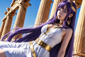 16-year-old woman with long hair with shiny purple bangs, European features, triangle face, big blue eyes, white Greek dress cinched at the waist, gold metal belt with ultra-realistic parthenon background