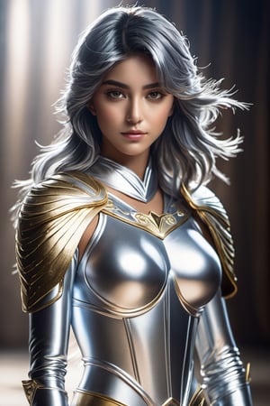 masterpiece, full length portrait, hyper realistic, 8K, full shot, captured through a lens of a high speed DLSR camera, female, 20 years old, Marin de Aguila, saint seiya, a silver mask covering the face.