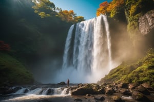 (((full length portrait))) (((masterpiece))) (((super realistic))) (((8K))) (((wide shot))) (((side angle))) ( ((maximum detail))) (((hyperrealistic))) giant waterfall, bright sun, studio lighting, film lighting, vibrant colors, vivid colors, photographic film, Fujifilm XT3 captured by a Samyang 85mm F1.4 Fe E lens , 80mm Sigma f/1.4, (((Regular Zoom)))