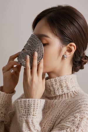 image, woman, cover the face with a metal