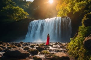 (((full length portrait))) (((masterpiece))) (((super realistic))) (((8K))) (((wide shot))) (((side angle))) ( ((maximum detail))) (((hyperrealistic))) giant waterfall, bright sun, studio lighting, film lighting, vibrant colors, vivid colors, photographic film, Fujifilm XT3 captured by a Samyang 85mm F1.4 Fe E lens , 80mm Sigma f/1.4, (((Regular Zoom)))