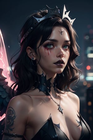 Beautiful  woman, with black curly hair, perfect high definition eyes , green eyes, black lips, pink cheeks, small breasts, wearing thorn necklace,blood dripping from her neck, wearing long goddess dress, wearing big angel wings cyberpunk, realistic face, realism, ultra high quality, ultra high definition , gothic punk, Victorian dress,wearing a diamond crown on her head, sky behind her, her body is covered in tattoos all over her body,RedHoodWaifu