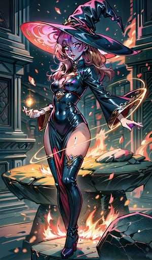 1 girl, cute girl, long pink hair, pink eyes, beautiful fire witch, dynamic pose, ornate wizard clothes, light particles, light ray, colorful, magic circle, witch hat, girl on a floating stone platform, colorful glare, reflection, Dark Fantasy, medium breasts, full lips, bright detailed eyes, hyperdetailed