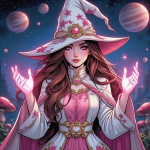 masterpiece, best quality, illustration, full body facing viewer, a beautiful witch casting a spell with planets around her, ornate white pink and gold wizard clothes, white and pink wizard hat with pink jewels, elegant, detailed celestial environment, luminous mushrooms,  (dynamic lighting:1.2), cinematic lighting, delicate elegant facial features, detailed eyes, pink eyes, long brunette hair, realistic pupils, depth of field, sharp focus, (hyper-detailed, bloom, glow:1.4), brown hair, full lips, bright pink eyes, mystical atmosphere, kind face, sexy, pop art comic style