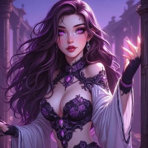 masterpiece, best quality, illustration, full body facing viewer, 1girl, a beautiful gothic genie wearing an ornate sexy white purple black dress with jewels, elegant cascading hair, long brunette hair, delicate facial features, detailed eyes, light purple eyes, big cute eyes, long brunette hair, cute, realistic pupils, depth of field, sharp focus, (hyper-detailed, bloom, glow:1.4), full lips, bright purple eyes, mystical atmosphere, kind face, high and detailed magical desert environment, (dynamic lighting:1.2), cinematic lighting, dramatic, fantasy, atdan style, belly_dancer, phcrystal,Dark Fantasy, pop art comic style