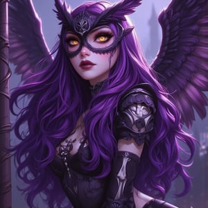 1 girl, best quality, masterpiece, beautiful owl woman, princess of the owls, victorian owl masquerade costume with feathers, owl ears, purple hair, long cascading purple hair, perfect eyes, detailed eyes, golden eyes, skeletal jewelry, fantasy background, boke, gloom-core, full lips, belly_dancer, dynamic pose, pole_dancing, comic art, pop art