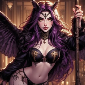 1 girl, best quality, masterpiece, beautiful owl woman, princess of the owls, victorian owl masquerade costume with feathers, owl ears, purple hair, long cascading purple hair, perfect eyes, detailed eyes, golden eyes, skeletal jewelry, amber fantasy background, boke, gloom-core, full lips, belly_dancer, dynamic pose, pole_dancing, comic art, pop art