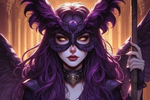 1 girl, best quality, masterpiece, beautiful owl woman, princess of the owls, victorian owl masquerade costume with feathers, owl ears, purple hair, long cascading purple hair, perfect eyes, detailed eyes, golden eyes, skeletal jewelry, amber fantasy background, boke, gloom-core, full lips, belly_dancer, dynamic pose, pole_dancing, comic art, pop art