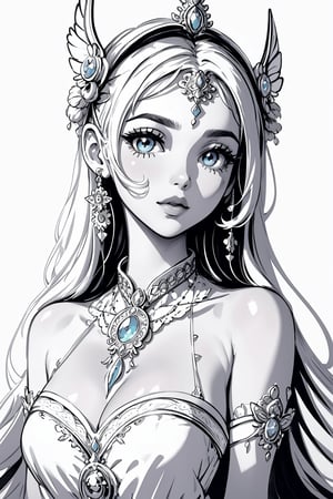 masterpiece, best quality, illustration, sketch, monchrome, with no shadow, white background, (lineart), (colorless), (add_detail:-0.7), (monchrome), upper body only, body facing viewer, a beautiful genie, ornate dress, Indian jewelry, very long hair, magic lamps around her, white background, detailed eyes, big eyes, full lips, Fantasy