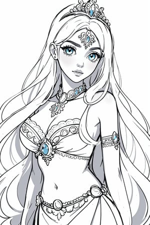 masterpiece, best quality, illustration, sketch, monchrome, with no shadow, white background, (lineart), (colorless), (add_detail:-1), (monchrome), upper body only, body facing viewer, a beautiful genie, ornate dress, Indian jewelry, very long hair, tiara, magic lamp, white background, detailed eyes, big eyes, full lips, belly_dancer, slender, delicate, Fantasy,SMMars