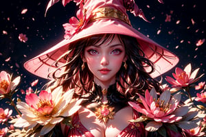 masterpiece, best quality, illustration, full body facing viewer, a beautiful witch casting spell with planets around her, ornate elegant white pink and gold dress, white and pink wizard hat with pink jewels, elegant, long brunette hair, high and detailed environment, bioluminescent mushrooms,  (dynamic lighting:1.2), cinematic lighting, delicate facial features, detailed eyes, pink eyes, long brunette hair, realistic pupils, depth of field, sharp focus, (hyper-detailed, bloom, glow:1.4), full lips, bright pink eyes, mystical atmosphere, kind face,