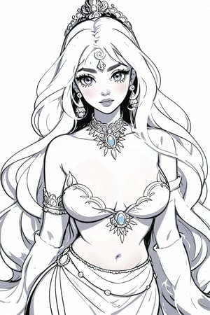 masterpiece, best quality, illustration, sketch, monchrome, with no shadow, white background, (lineart), (colorless), (add_detail:-1), (monchrome), upper body only, body facing viewer, a beautiful genie, ornate dress, Indian jewelry, very long hair, magic lamps around her, white background, detailed eyes, big eyes, full lips, belly_dancer, Fantasy,SMMars