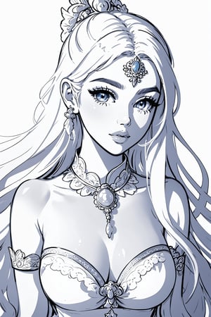 masterpiece, best quality, illustration, sketch, monchrome, with no shadow, white background, (lineart), (colorless), (add_detail:-1), (monchrome), upper body only, body facing viewer, a beautiful genie, ornate dress, Indian jewelry, very long hair, magic lamps around her, white background, detailed eyes, big eyes, full lips, Fantasy,SMMars