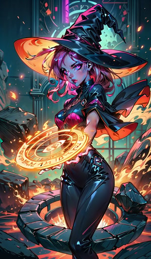 1 girl, cute girl, long pink hair, pink eyes, beautiful fire witch, dynamic pose, ornate wizard clothes, light particles, light ray, colorful, magic circle, witch hat, girl on a floating stone platform, colorful glare, reflection, Dark Fantasy, medium breasts, full lips, bright detailed eyes, hyperdetailed