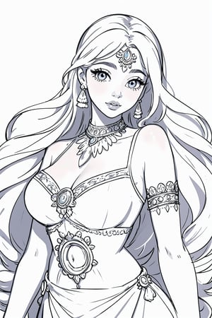 masterpiece, best quality, illustration, sketch, monchrome, with no shadow, white background, (lineart), (colorless), (add_detail:-1), (monchrome), upper body only, body facing viewer, a beautiful genie, ornate dress, Indian jewelry, very long hair, magic lamps around her, white background, detailed eyes, big eyes, full lips, belly_dancer, Fantasy,SMMars