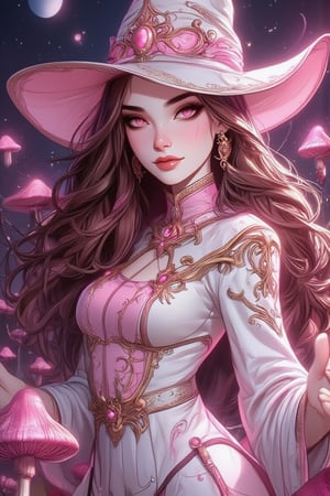 masterpiece, best quality, illustration, full body facing viewer, a beautiful witch with magic and planets around her, ornate white pink and gold wizard clothes, white and pink wizard hat with pink jewels, elegant, detailed celestial environment, luminous mushrooms,  (dynamic lighting:1.2), cinematic lighting, delicate elegant facial features, detailed eyes, pink eyes, long brunette hair, realistic pupils, depth of field, sharp focus, (hyper-detailed, bloom, glow:1.4), brown hair, full lips, bright pink eyes, mystical atmosphere, kind face, sexy, pop art comic style