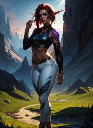 full body, girl, 13 years, (realistic face, pretty face), small body, Slim thighs, standing in the wilderniss, World of Warcraft, facepaint, lip piercing, glowing blue eyes, tattoo, jewelry,  thight white pants, Red hair, dreadlocks, sunlight, volumetric lighting, best quality, masterpiece, realistic,,day,nightelf,thin legs