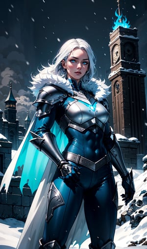 1girl, cowboy shot of wowdk, glowing blue eyes, skull armor with pants, fur trim, pauldrons, torn cape, long white hair, blue fire, snow, ice, night, citadel, athletic, volumetric lighting, best quality, masterpiece,