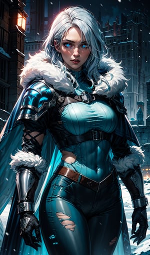 1girl, cowboy shot of wowdk, glowing blue eyes, skull armor with tight pants, fur trim, pauldrons, torn cape, long white hair, blue fire, snow, ice, night, citadel, athletic, volumetric lighting, best quality, masterpiece,