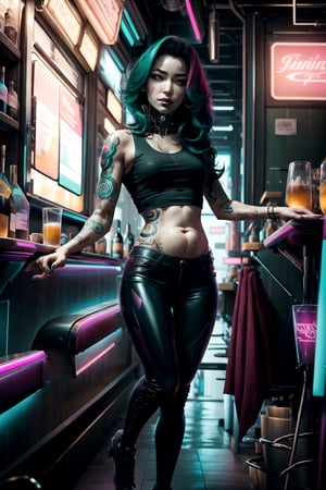 Cyberpunk Style, full body, 1girl, skinny body, in a bar, Long Dark Green Hair, Red Eyes, tight Pants, Belly Free top, Body Tattoos