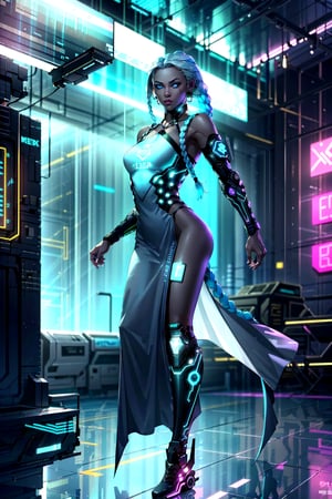 full body,1girl, cyberpunk setting, beautiful athletic body, dark brown skin color, small breast, wearing a white dress, glowing Turquoise blue eyes,extrem fluffy and long foxtail all the way to the ground, braided white hair, braided, athletic, volumetric lighting, best quality, masterpiece, realistic,drow,cyberpunk,Neon Light