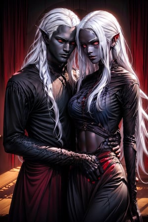 drow,couple, both have dark skin color,He wraps his arms around her stomach from behind, Long pointed ears, man and woman,((both have long white hair)), (((red eyes))), smal breasts, both wearing tight brown clothes, both seen from the front, both have a serious face, in a nice room,1boy