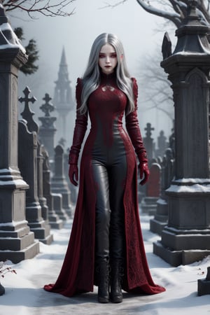 full body, 13 years old, 3D rendering style, beautiful female, oval face, extrem long silver hair, tight dark-red top and Pants, gothic, intricated dress, long sleeves with red leather gloves, ((skin textures)), intricate details, micro details,  big breasts, winter, cemetery, snow particles, fog,sharp focus, canon 5D 75mm lens f2 1/1000, high_res 