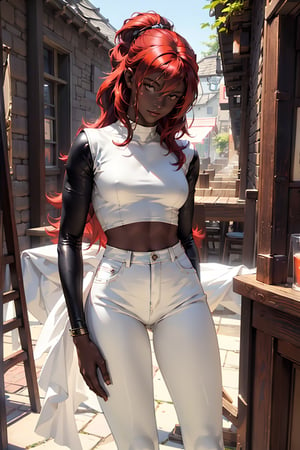 (mysterious:1.3), ultra-realistic, full body, a young woman, ebony skin, smal breast, small body, white pants and top, looking at viewer, holding her hair, red hair, medival tavern background
