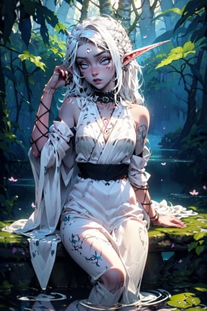 nightelf, full body, (((extreme white albino skin color))), ((extrem long white hair color)), (grey Eyes), (Beautiful blue robe) Facial Tattoo, she stands in front of a lake surrounded by a forest, on her left hand sits a butterfly