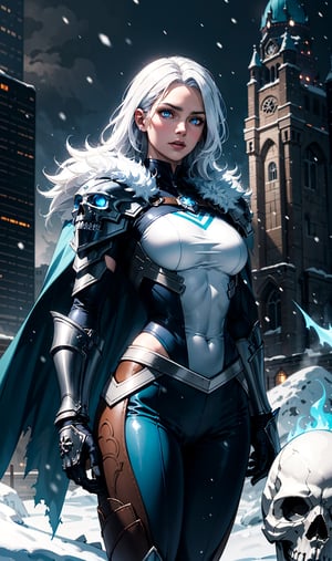 1girl, cowboy shot of wowdk, glowing blue eyes, skull armor with tight pants, fur trim, pauldrons, torn cape, long white hair, blue fire, snow, ice, night, citadel, athletic, volumetric lighting, best quality, masterpiece,