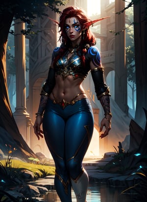 full body, girl, 13 years, (realistic face, pretty face), small body, Slim thighs, standing in the wilderniss, World of Warcraft, facepaint, lip piercing, glowing blue eyes, tattoo, jewelry,  thight white pants, Red hair, dreadlocks, sunlight, volumetric lighting, best quality, masterpiece, realistic,,day,nightelf,thin legs