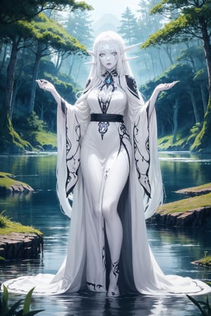 nightelf, full body, (((extreme white albino skin color))), ((extrem long white hair color)), (grey Eyes), (Beautiful blue robe) Facial Tattoo, she stands in front of a lake surrounded by a forest, on her left hand sits a butterfly