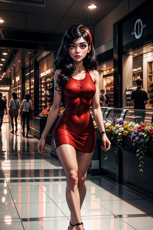 (Best quality)), ((Highly detailed)), full body, masterpiece, (detailed eyes, deep eyes), (1girl), Violet Parr, black hair, Long hair, Hairband, ojos_púrpura, background clothing store, (mall:1.3), violet parr wears red tank top dress with flowers, violet is looking clothes, clothing store environment, indoors, perfecteyes, violetparr