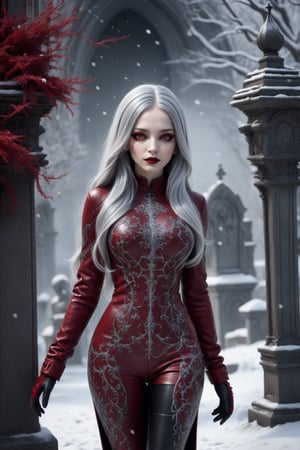 3D rendering style, beautiful female, oval face, extrem long silver hair, tight dark-red top and Pants, gothic, intricated dress, long sleeves with red leather gloves, ((skin textures)), intricate details, micro details,  big breasts, winter, cemetery, snow particles, fog,sharp focus, canon 5D 75mm lens f2 1/1000, high_res 