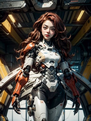 1 ebony skinned girl, proper pretty eyes looking at camera , cheeky grin , long red hair , appendages in matching pairs , proper cyborg bodies , proper robot hands , Sci-fi, ultra high res, futuristic , {(little robot)}, {(solo)}, full body , {(complex, Machine background ,spaceship interior background, Mecha Transport parts)},Detailedface