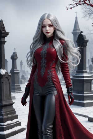 full body, 13 years old, 3D rendering style, beautiful female, oval face, extrem long silver hair, tight dark-red top and Pants, gothic, intricated dress, long sleeves with red leather gloves, ((skin textures)), intricate details, micro details,  big breasts, winter, cemetery, snow particles, fog,sharp focus, canon 5D 75mm lens f2 1/1000, high_res 