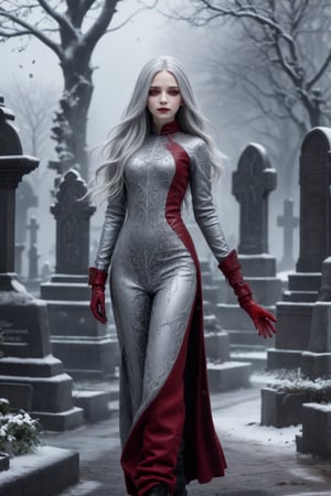 full body, 13 years old, 3D rendering style, beautiful female, oval face, extrem long silver hair, tight dark-red top and Pants, gothic, intricated dress, long sleeves with red leather gloves, ((skin textures)), intricate details, micro details,  big breasts, winter, cemetery, snow particles, fog,sharp focus, canon 5D 75mm lens f2 1/1000, high_res 