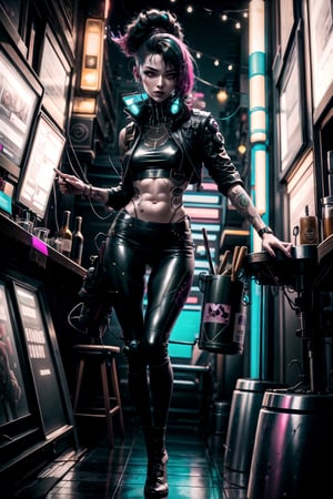 Cyberpunk Style, full body, 1girl, skinny body, in a bar, Long Dark Green Hair, Red Eyes, tight Pants, Belly Free top, Body Tattoos