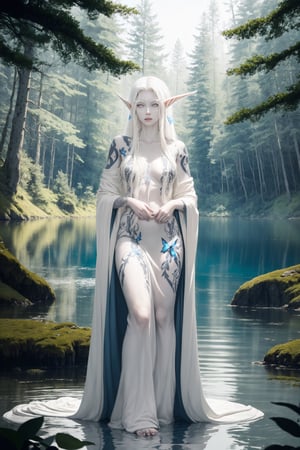 nightelf, full body, (((extreme white albino skin color))), ((extrem long white hair color)), (grey Eyes), (Beautiful blue robe) Facial Tattoo, she stands in front of a lake surrounded by a forest, on her left hand sits a butterfly