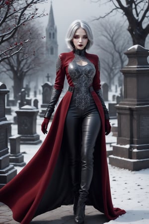 3D rendering style, beautiful female, oval face, silver hair, tight dark-red top and Pants, gothic, intricated dress, long sleeves with red leather gloves, ((skin textures)), intricate details, micro details,  big breasts, winter, cemetery, snow particles, fog,sharp focus, canon 5D 75mm lens f2 1/1000, high_res 
