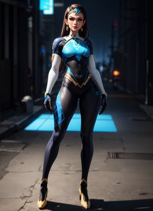 Full Body, Symmetra, Overwatch, black tight clothing, standing in a Labor