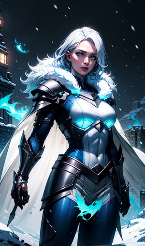 1girl, cowboy shot of wowdk, glowing blue eyes, skull armor, fur trim, pauldrons, torn cape, long white hair, blue fire, snow, ice, night, citadel, athletic, volumetric lighting, best quality, masterpiece,