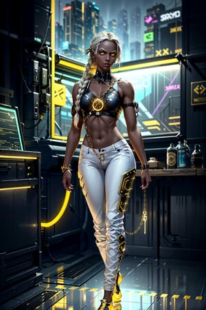 full body,1girl, cyberpunk setting, beautiful athletic body, dark brown skin color, small breast, wearing white pants and top, brass chains around chestarea, brass chains around shoulder, glowing yellow eyes, long foxtail, braided white hair, braided, athletic, volumetric lighting, best quality, masterpiece, realistic,drow,cyberpunk,Neon Light