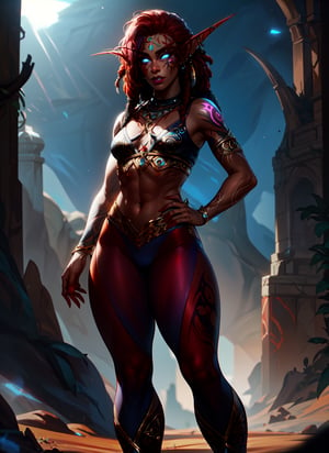 full body, girl, 13 years, (realistic face, pretty face), ((small small thighsbody)), standing in the wilderniss, World of Warcraft, facepaint, lip piercing, glowing blue eyes, tattoo, jewelry,  thight red pants, Red hair, dreadlocks, sunlight, volumetric lighting, best quality, masterpiece, realistic,,day,nightelf,