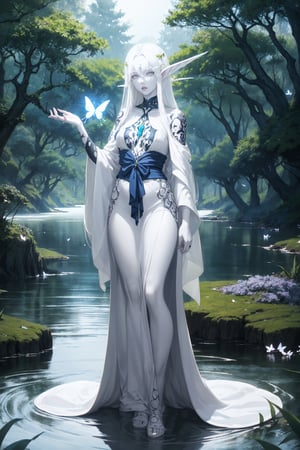 nightelf, full body, (((extreme white albino skin color))), ((extrem long white hair color)), (grey Eyes), (Beautiful blue robe) Facial Tattoo, she stands in front of a lake surrounded by a forest, on her left hand sits a butterfly