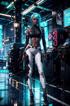 full body,1girl, 13years old, white foxtail Hair all the way to the ground, Heroic attitude, cyberpunk setting, Bounty Hunter, beautiful athletic body, dark brown skin color, small breast, wearing tight white pants and top, glowing Turquoise blue eyes, braided white hair, braided, athletic, volumetric lighting, best quality, masterpiece, realistic,drow,cyberpunk,Neon Light,beautiful_lolita_girl